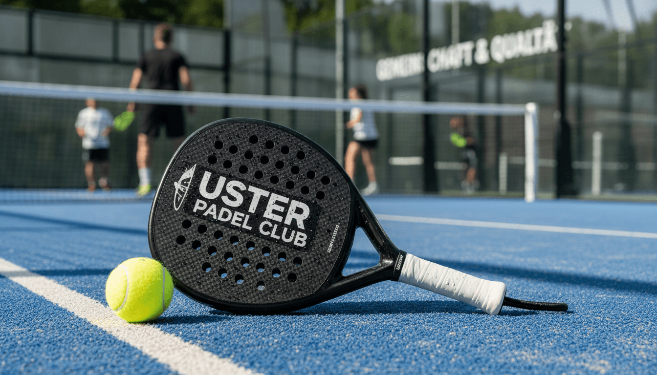 Close-up of a Padel racket with a ball on a court surface