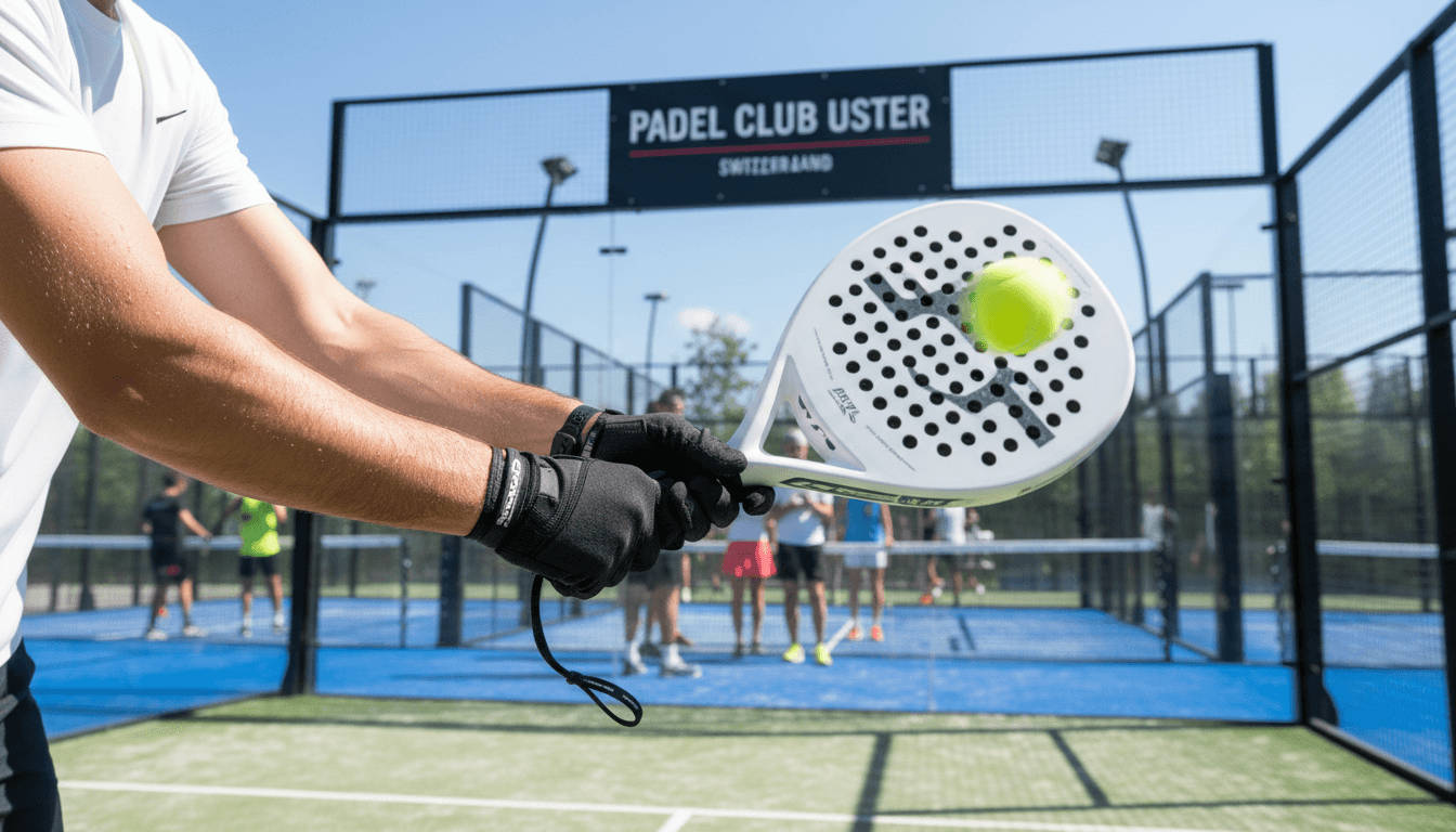 Close-up of padel player's hands and racquet during dynamic stroke with modern court background