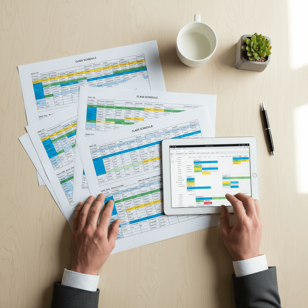 Administrator's hands organizing color-coded class schedules and timetables on wooden desk with tablet and coffee