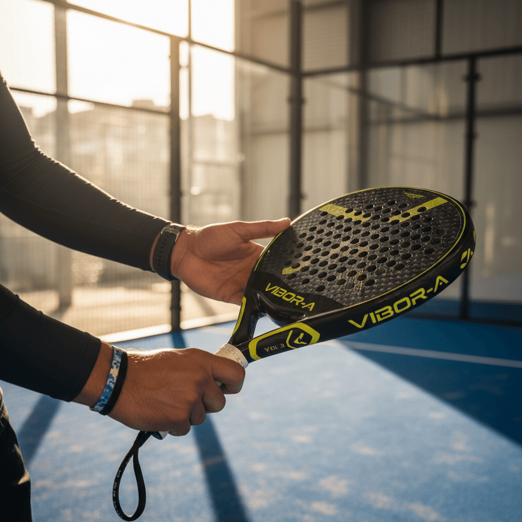 Trainer zeigt Grifftechnik einem Padel-Spieler