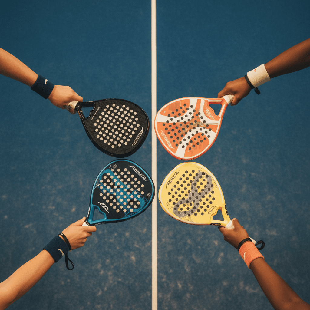 Overhead view of diverse players' hands holding padel rackets together on blue and green court, emphasizing community and inclusivity