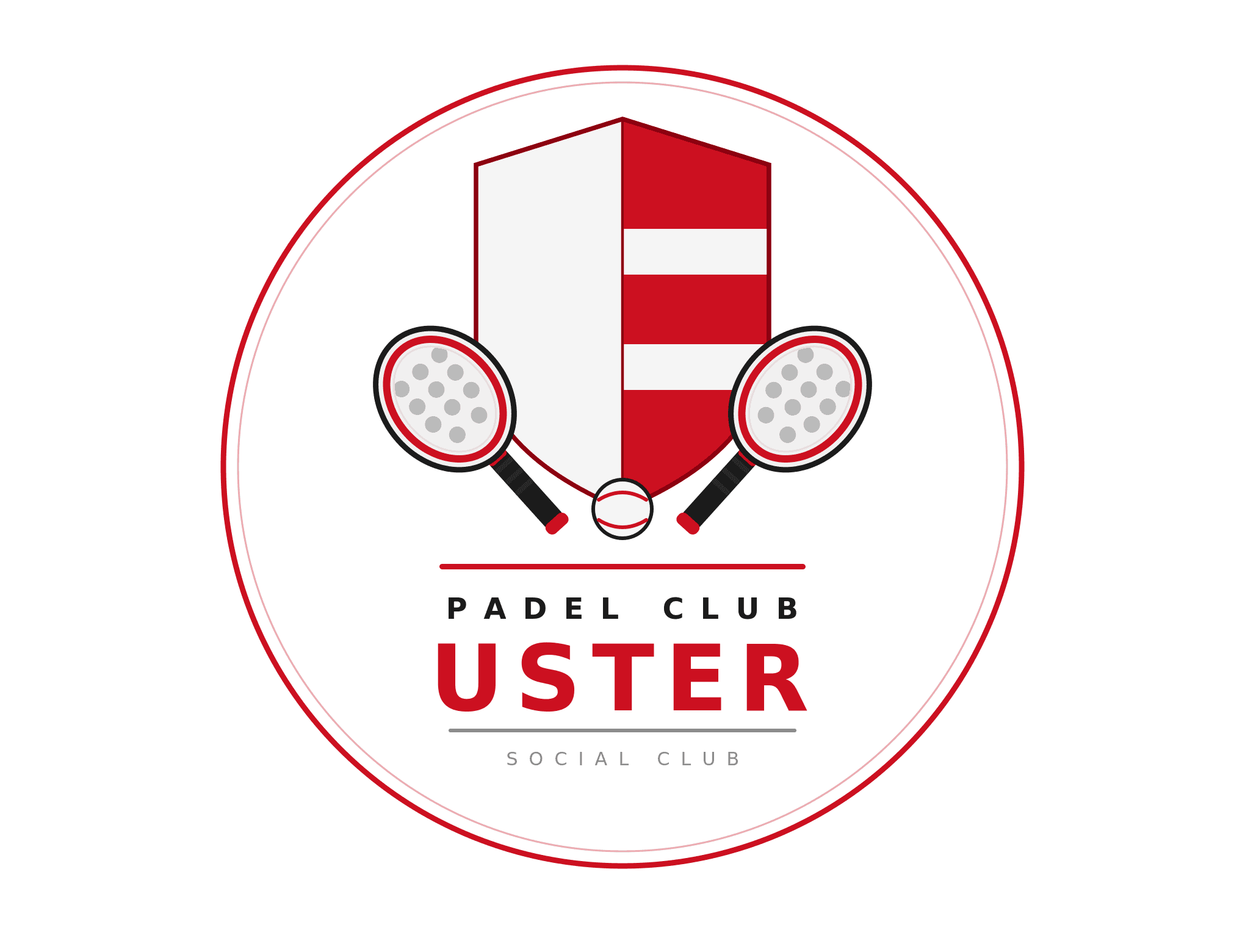 Rundes Logo des Padel Club Uster mit zwei Schlägern, Ball und einem rot-weißen Wappenschild.